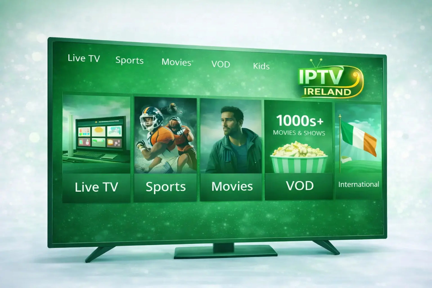 IPTV Ireland live TV streaming interface showing sports, movies and VOD channels on Smart TV