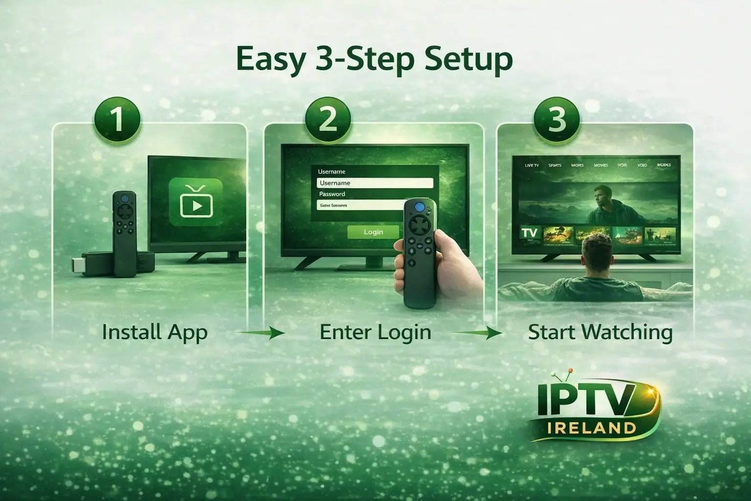 IPTV Ireland easy 3 step setup guide showing app installation and streaming on Smart TV